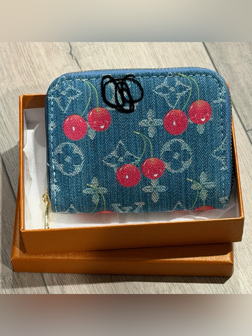 Cherry Print Denim Zip Wallet